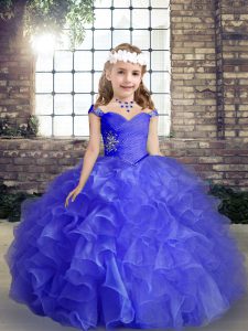 Sleeveless Floor Length Beading and Ruffles and Ruching Lace Up Little Girls Pageant Dress with Blue
