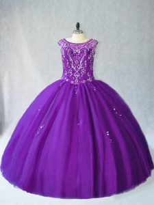 Scoop Sleeveless Lace Up Sweet 16 Dress Purple Tulle