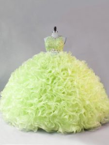 Designer Sleeveless Fabric With Rolling Flowers Floor Length Zipper Quinceanera Gown in Yellow Green with Beading and Ruffles