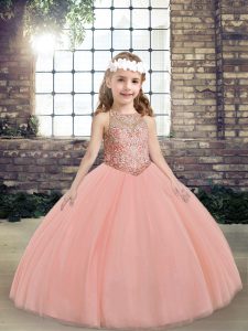 Peach Lace Up Scoop Beading Kids Formal Wear Tulle Sleeveless