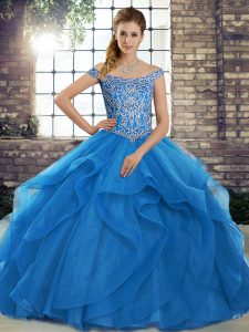 Blue Ball Gowns Tulle Off The Shoulder Sleeveless Beading and Ruffles Lace Up 15th Birthday Dress Brush Train