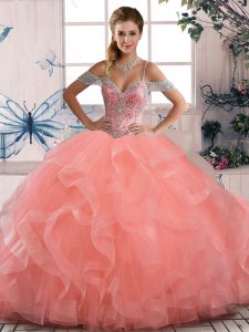 Deluxe Off The Shoulder Sleeveless Quinceanera Dress Floor Length Beading and Ruffles Peach Tulle