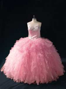 Adorable Ball Gowns Quinceanera Gown Pink Sweetheart Tulle Sleeveless Floor Length Lace Up