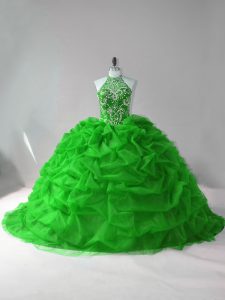 Latest Sleeveless Organza Court Train Lace Up Quinceanera Dresses in Green with Beading and Pick Ups