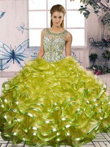 Floor Length Lace Up Sweet 16 Quinceanera Dress Olive Green for Military Ball and Sweet 16 and Quinceanera with Beading and Ruffles