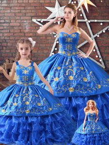Latest Blue Ball Gowns Sweetheart Sleeveless Satin and Organza Lace Up Embroidery Quinceanera Dresses