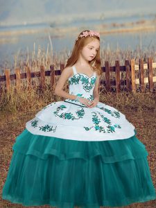 Teal Ball Gowns Embroidery Girls Pageant Dresses Lace Up Tulle Sleeveless Floor Length