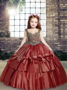 Red Lace Up Kids Pageant Dress Beading Sleeveless Floor Length