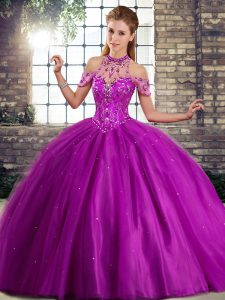 Purple Sleeveless Beading Lace Up Quinceanera Gown