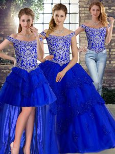 Royal Blue Three Pieces Off The Shoulder Sleeveless Tulle Brush Train Lace Up Beading and Lace Ball Gown Prom Dress