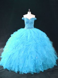 Aqua Blue Ball Gowns Off The Shoulder Sleeveless Tulle Floor Length Lace Up Beading and Ruffles Vestidos de Quinceanera