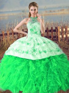 Custom Designed Sleeveless Organza Court Train Lace Up Vestidos de Quinceanera in Green with Embroidery and Ruffles