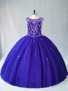 Comfortable Sleeveless Floor Length Beading Lace Up 15 Quinceanera Dress with Royal Blue