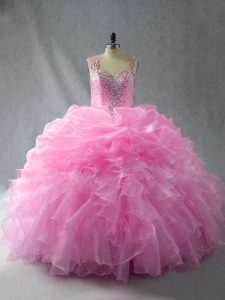 Sexy Baby Pink Ball Gowns Beading and Ruffles and Pick Ups Vestidos de Quinceanera Zipper Organza Sleeveless Floor Length