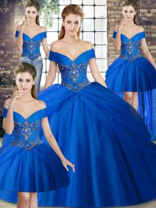 Dramatic Lace Up Quinceanera Dresses Royal Blue for Military Ball and Sweet 16 and Quinceanera with Beading and Pick Ups Brush Train