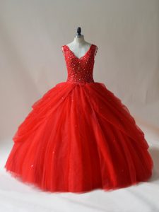 High End Red Zipper 15 Quinceanera Dress Beading Sleeveless Floor Length