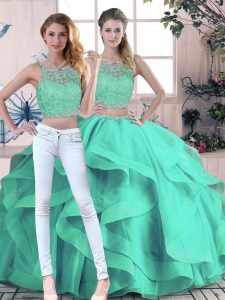 Romantic Floor Length Zipper Quinceanera Gowns Turquoise for Sweet 16 and Quinceanera with Beading and Ruffles
