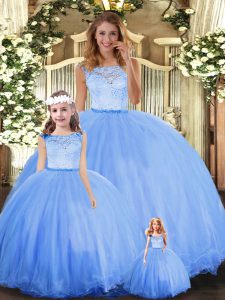 Discount Blue Tulle Clasp Handle Sweet 16 Quinceanera Dress Sleeveless Floor Length Lace