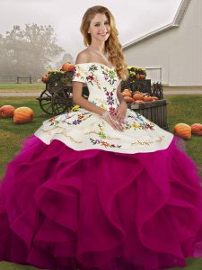 Fuchsia Tulle Lace Up 15 Quinceanera Dress Sleeveless Floor Length Embroidery and Ruffles