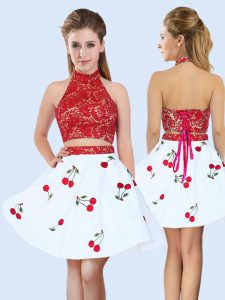 Modern Mini Length White And Red Dama Dress Halter Top Sleeveless Lace Up