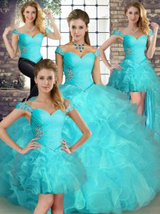 Deluxe Organza Off The Shoulder Sleeveless Lace Up Beading and Ruffles Vestidos de Quinceanera in Aqua Blue