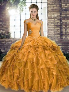 Gold Ball Gown Prom Dress Organza Brush Train Sleeveless Beading and Ruffles