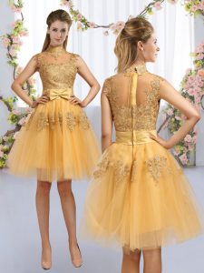 Gold Cap Sleeves Knee Length Lace and Bowknot Zipper Quinceanera Court Dresses