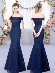 Captivating Navy Blue Sleeveless Lace Floor Length Damas Dress