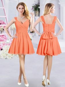 Fitting Mini Length Zipper Quinceanera Dama Dress Orange and In for Prom and Party and Wedding Party with Ruching and Belt