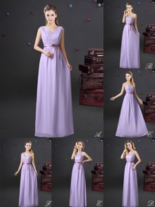Best Lavender Lace Up V-neck Lace and Appliques and Belt Quinceanera Court Dresses Chiffon Sleeveless