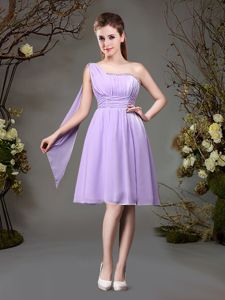 One Shoulder Lavender Sleeveless Chiffon Zipper Dama Dress for Prom and Party and Wedding Party