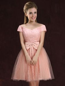 Top Selling Off the Shoulder Mini Length Peach Vestidos de Damas Tulle and Lace Short Sleeves Lace and Bowknot