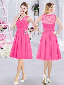 Free and Easy Sleeveless Chiffon Knee Length Side Zipper Vestidos de Damas in Hot Pink for with Lace and Ruching