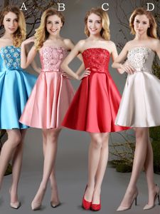 Red and Baby Blue and Champagne Lace Up Dama Dress for Quinceanera Appliques and Bowknot Sleeveless Mini Length