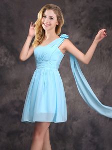 Artistic Baby Blue Damas Dress Prom and Party and Wedding Party and For with Ruching and Hand Made Flower One Shoulder Sleeveless Zipper