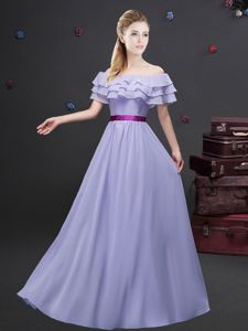 Off the Shoulder Short Sleeves Floor Length Ruffled Layers and Belt Zipper Dama Dress for Quinceanera with Lavender