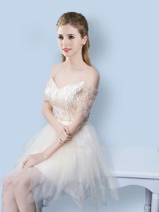 Luxurious Off The Shoulder Short Sleeves Tulle Court Dresses for Sweet 16 Sequins and Bowknot Lace Up