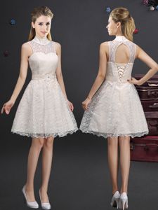 Affordable A-line Quinceanera Court Dresses Champagne High-neck Lace Sleeveless Knee Length Lace Up