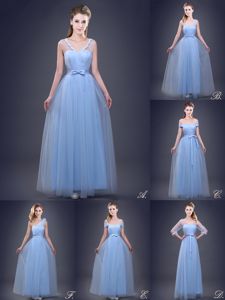 Deluxe Light Blue Lace Up Beading and Appliques and Ruching and Bowknot and Hand Made Flower Quinceanera Court of Honor Dress Tulle Sleeveless