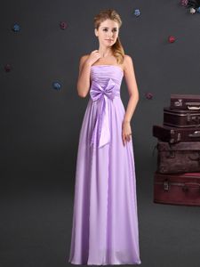 Lavender Chiffon Zipper Strapless Sleeveless Floor Length Quinceanera Court of Honor Dress Ruching and Bowknot