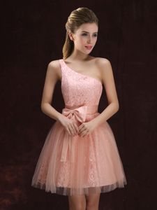 One Shoulder Sleeveless Tulle and Lace Vestidos de Damas Lace and Bowknot Lace Up