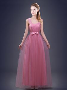 Straps Straps Floor Length Pink Quinceanera Dama Dress Tulle Sleeveless Ruching and Bowknot