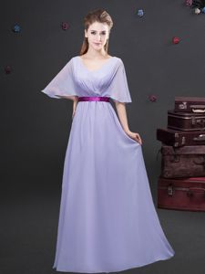 Discount Lavender V-neck Neckline Ruching and Belt Quinceanera Court of Honor Dress Half Sleeves Zipper
