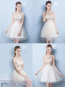 Sequins A-line Quinceanera Court Dresses Champagne Square Tulle Sleeveless Mini Length Lace Up