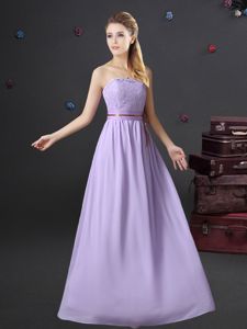 Lavender Empire Chiffon Strapless Sleeveless Lace and Belt Floor Length Lace Up Quinceanera Court of Honor Dress
