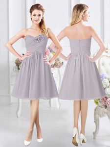 Graceful Grey A-line Ruching and Hand Made Flower Court Dresses for Sweet 16 Zipper Chiffon Sleeveless Knee Length