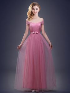 Off the Shoulder Pink Sleeveless Floor Length Ruching and Bowknot Lace Up Dama Dress for Quinceanera