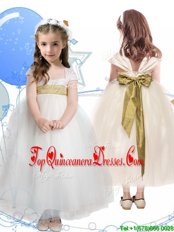 New Arrivals Square Cap Sleeves New Arrival Kid Pageant Dresses with Sashes