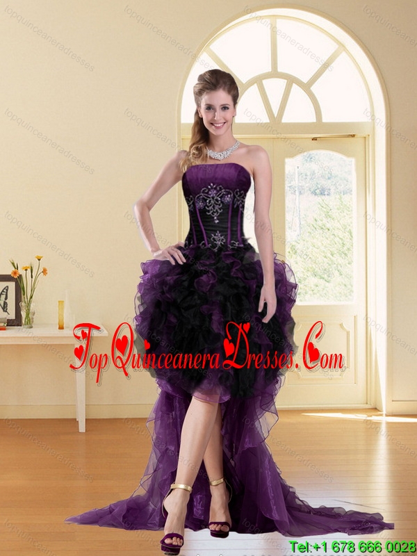 Pretty Multi Color High Low Strapless Beading Ruffled Short Dama Dresses for 2015