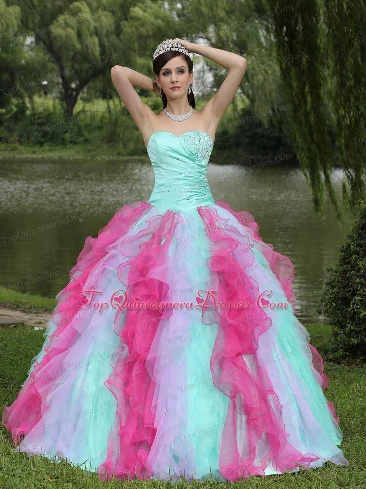 Multi-colored Sweetheart Quincenaera Dress Beaded Ruffle Layers